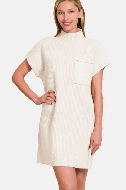 Zenana Short Sleeve Sweater Mini Dress Ivory