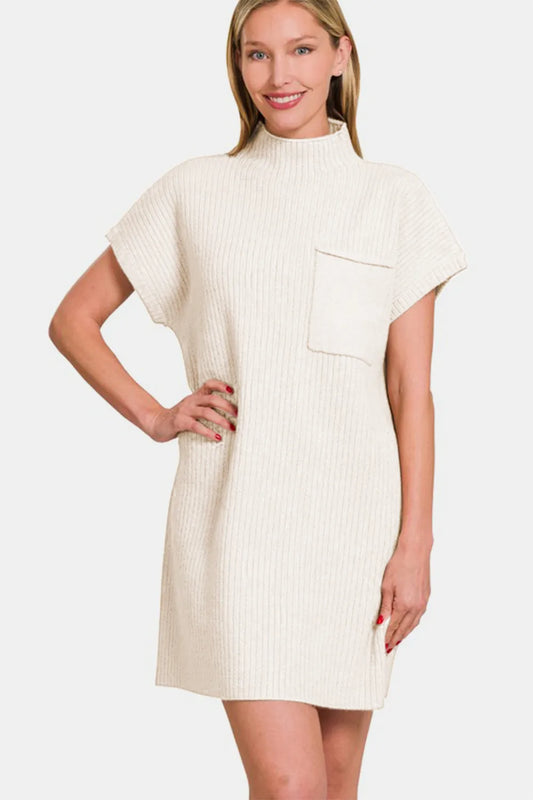 Zenana Short Sleeve Sweater Mini Dress Ivory