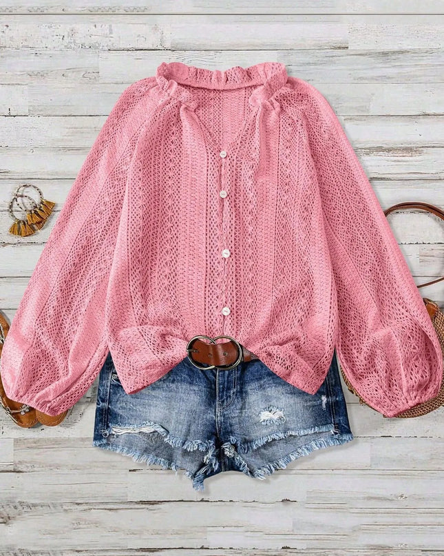 Crochet Notched Button-Front Shirt