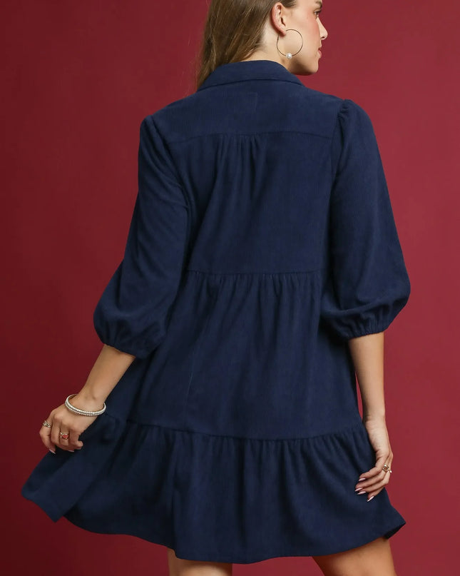 Umgee Tiered Corduroy Mini Dress with Balloon Sleeves