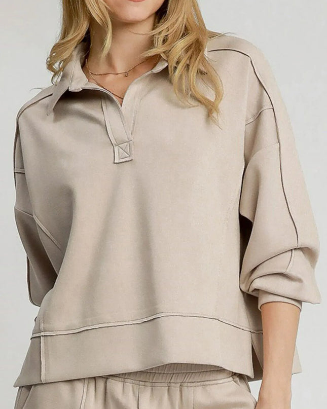 Umgee Exposed Seam Long Sleeve Polo Top with Side Slit