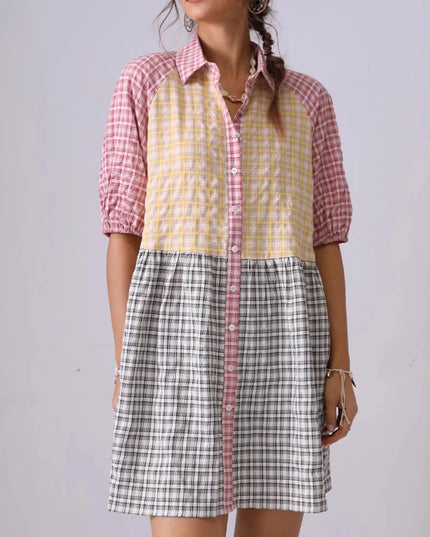Colorful Mixed Gingham Shirt Dress