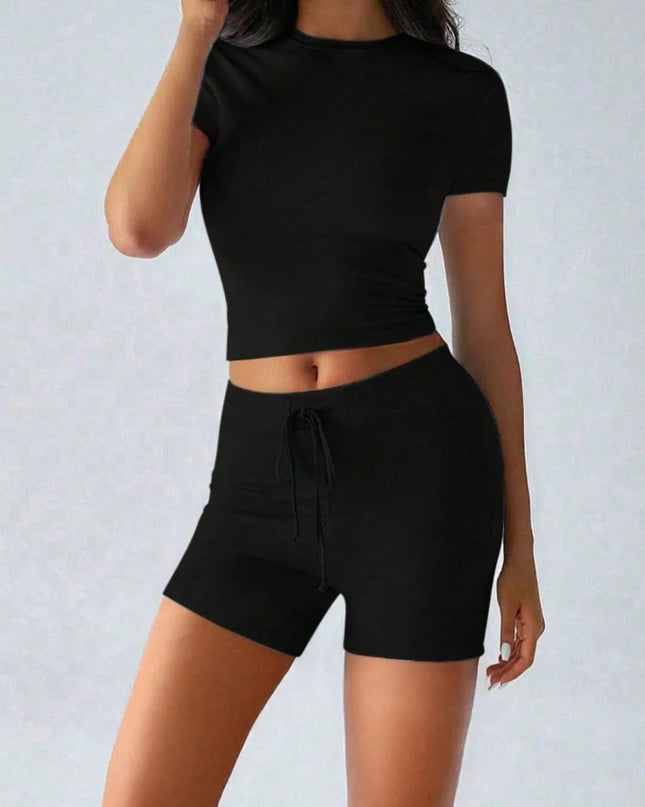 Round Neck Short Sleeve Top and Shorts Set