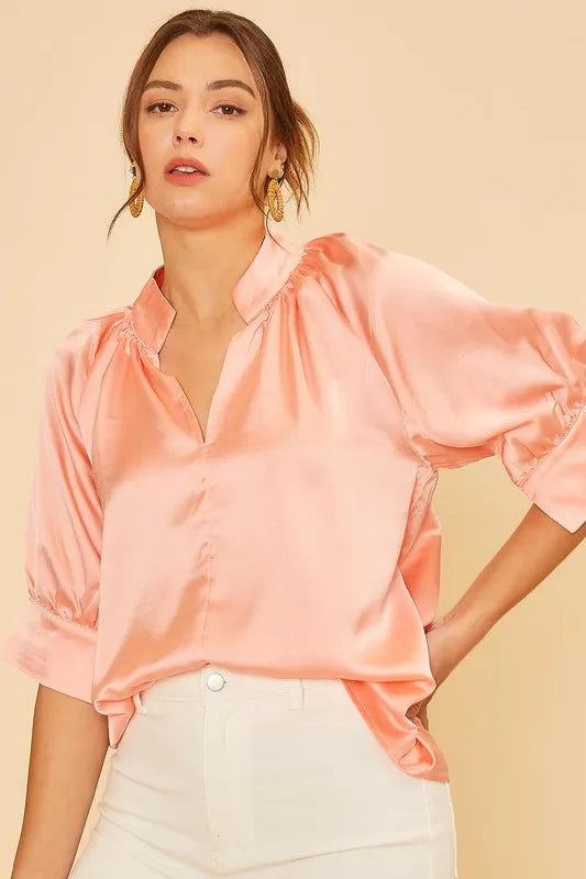 Annie Wear Satin V Neck Open Short Sleeve Woven Blouse Top