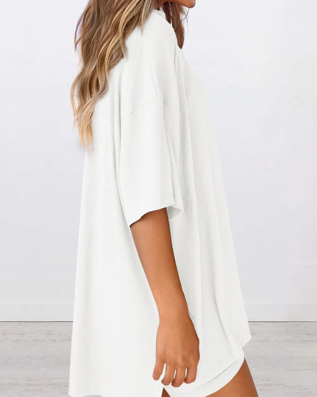 Full Size Oversized Slit Round Neck Top and Shorts Lounge Set Plus Size 