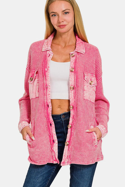 Zenana Waffle-Knit Button Up Dropped Shoulder Jacket FUCHSIA