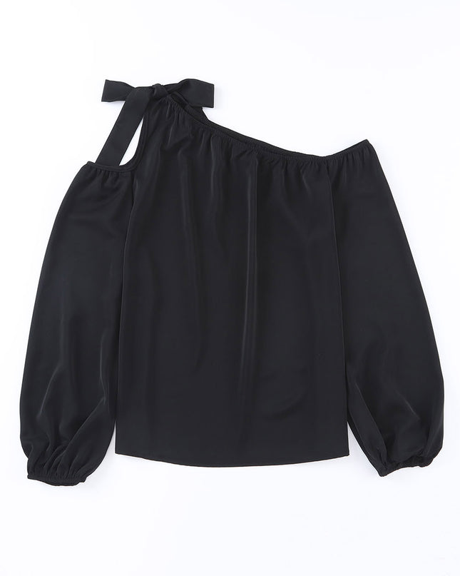 Tied Asymmetrical Neck Cold-Shoulder Blouse