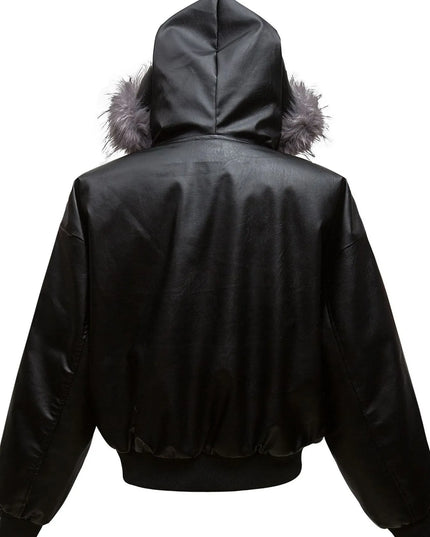 Men's Leather Bomber Jacket with Faux Fur Hood
