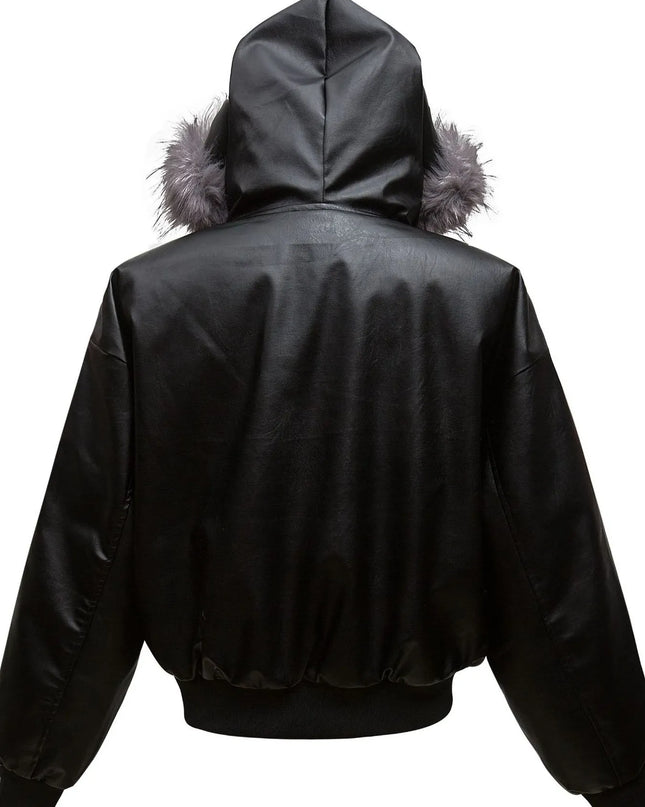 Men's Leather Bomber Jacket with Faux Fur Hood