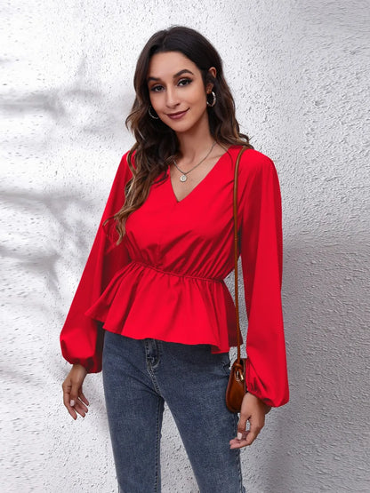 V-Neck Balloon Sleeve Peplum Blouse Deep Red