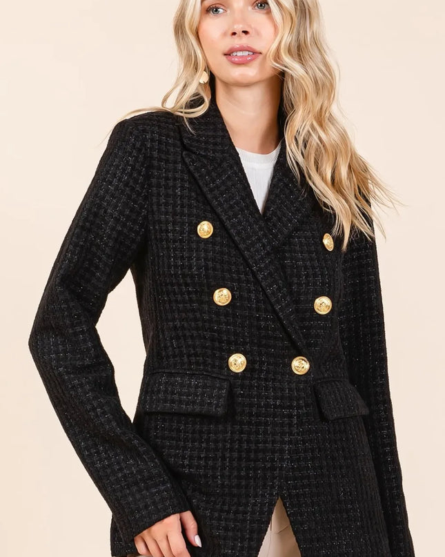 Mittoshop Plaid Texture Double-Breasted Long Sleeve Blazer Black
