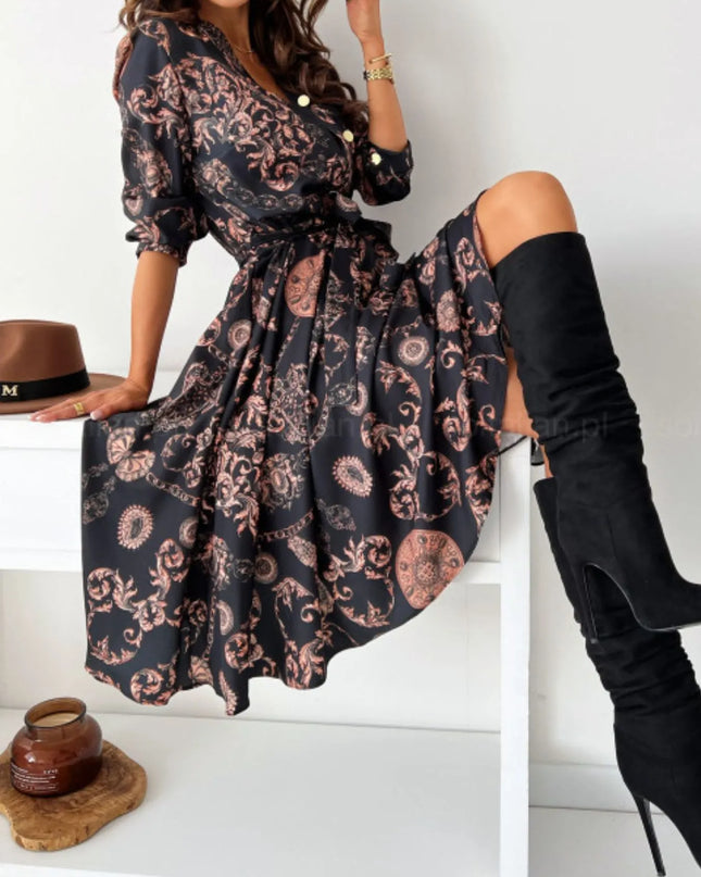 Printed Tie Waist Midi Dress 