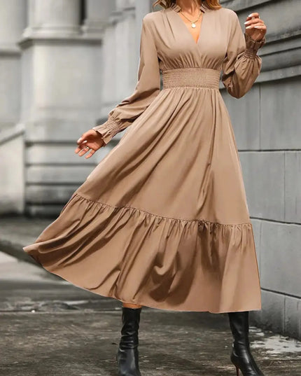Notched Long Sleeve Tiered Dress Burgundy