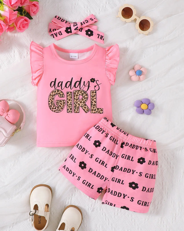Children's Headband Letter Ruffle Sleeve Top and Shorts 3-Piece Set