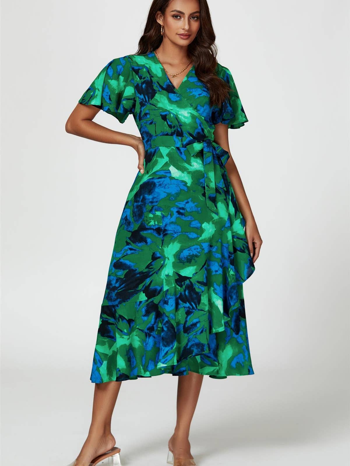 Abstract Print Midi Wrap Dress in Green