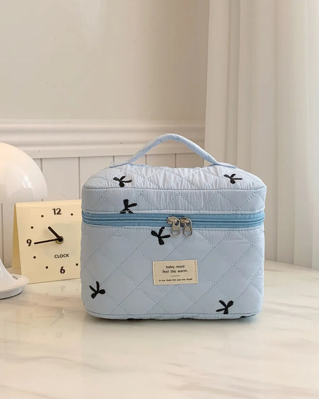 Bow Embroidered Quilted Storage Bag with Zip Light Blue One Size