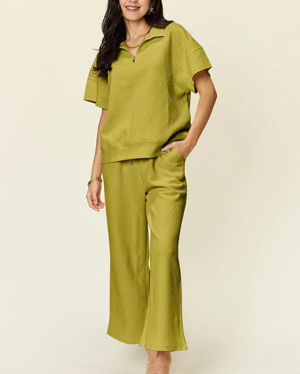 Double Take Full Size Texture Half Zip Short Sleeve Top and Pants Set Olive