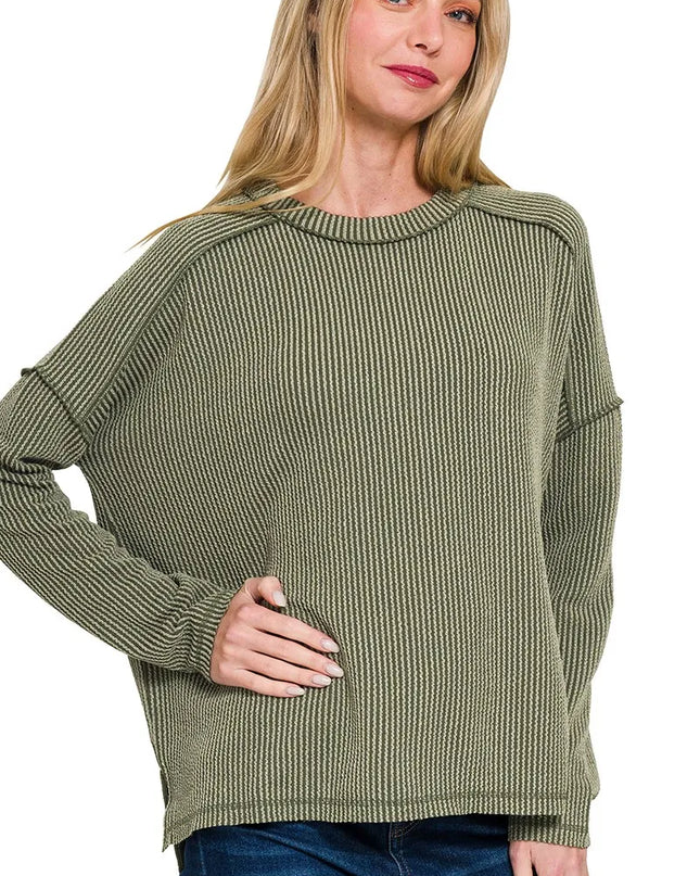 Zenana Full Size Exposed Seam Long Sleeve Corded Rib Knit Top Plus Size DK OLIVE