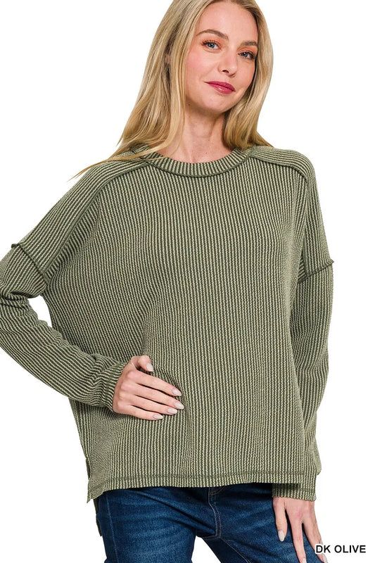 Zenana Full Size Exposed Seam Long Sleeve Corded Rib Knit Top Plus Size DK OLIVE