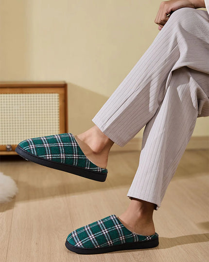 Plaid Fleece Lined Cozy Indoor Slippers Green