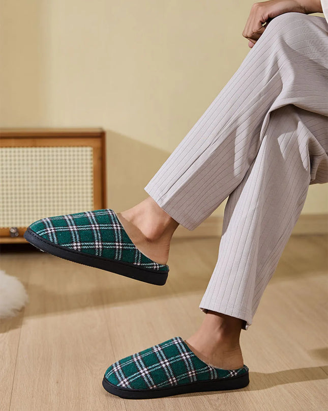 Plaid Fleece Lined Cozy Indoor Slippers Green