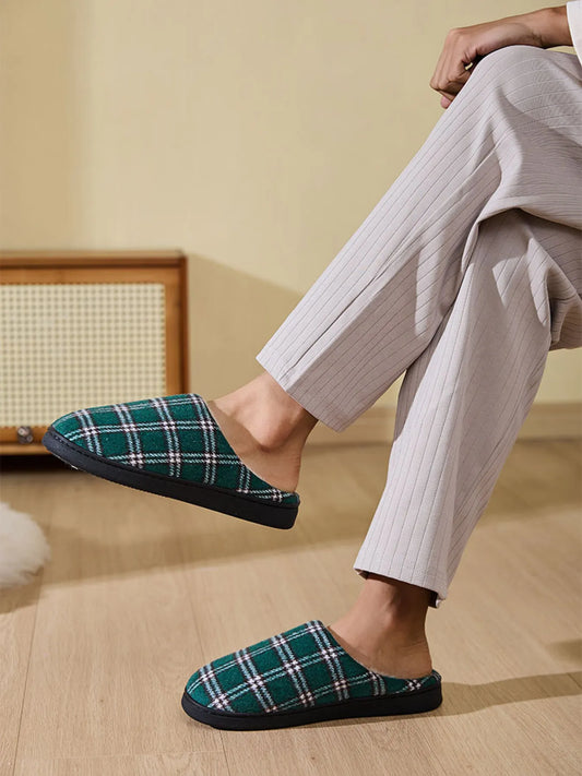 Plaid Fleece Lined Cozy Indoor Slippers Green
