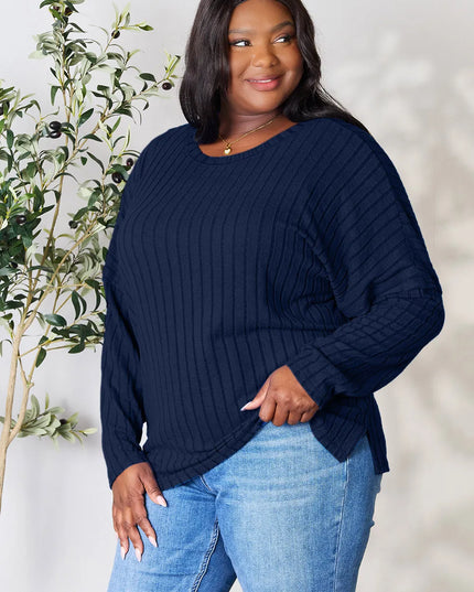 Basic Bae Full Size Ribbed Round Neck Slit Knit Top