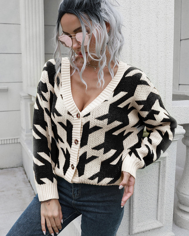 Houndstooth Button Down Cardigan Sand