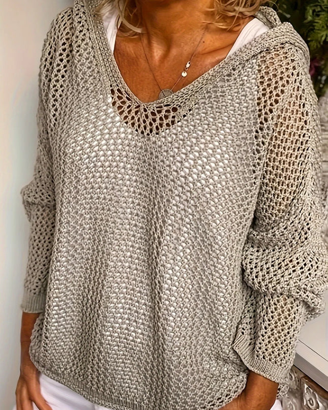 Openwork Long Sleeve Hooded Knit Cover Up Khaki