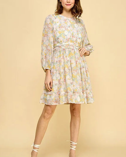 Lime 'N' Chili Chiffon Floral Print Belted Dress with Back Zipper 