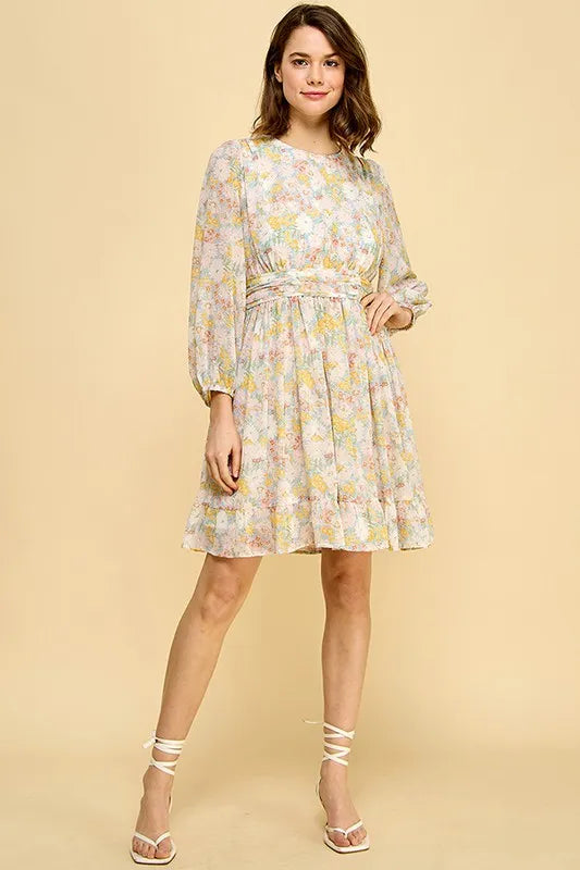 Lime 'N' Chili Chiffon Floral Print Belted Dress with Back Zipper 
