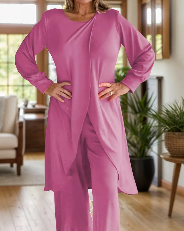 Full Size Slit Round Neck Long Sleeve Top and Pants Set Cerise