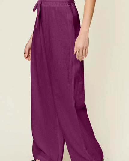 Double Take Full Size Texture Drawstring Wide Leg Pants