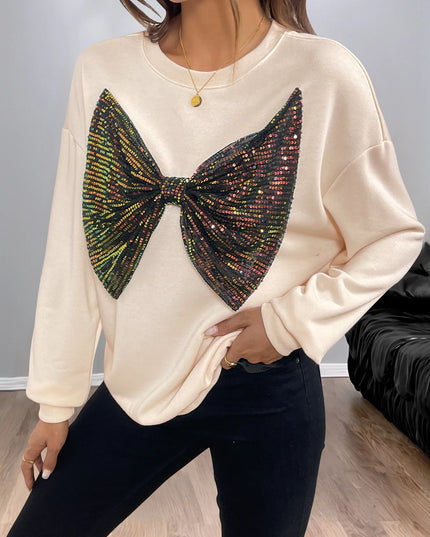 Sequined Bow Round Neck Sweatshirt