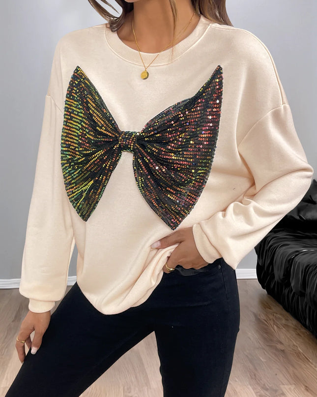 Sequined Bow Round Neck Sweatshirt
