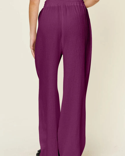 Double Take Full Size Texture Drawstring Wide Leg Pants