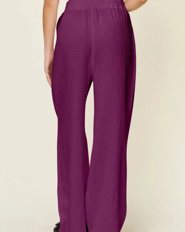 Double Take Full Size Texture Drawstring Wide Leg Pants