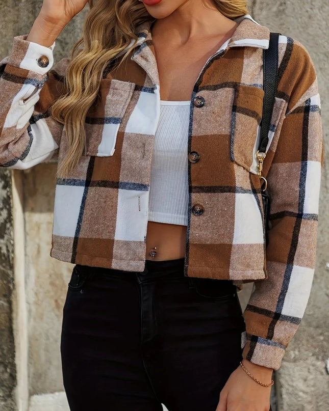 Plaid Collared Neck Cropped Jacket Caramel