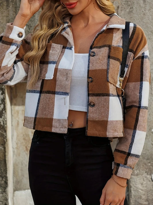 Plaid Collared Neck Cropped Jacket Caramel