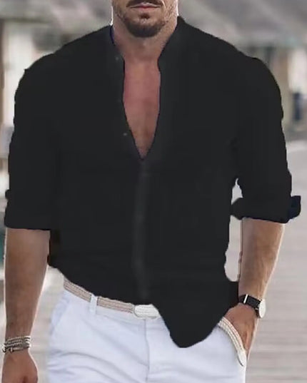 Men's Full Size Stand Collar Button Down Shirt Plus Size Black