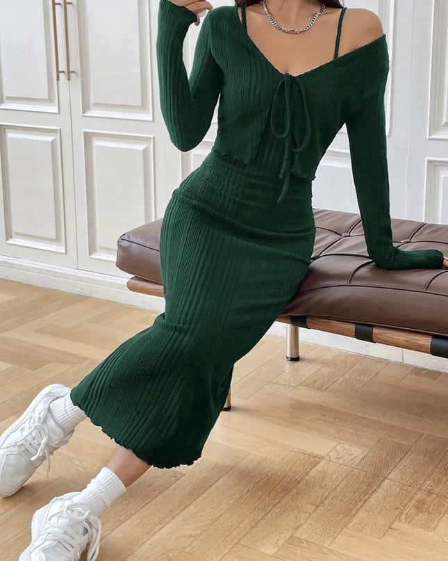 Cami Dress and Tied Long Sleeve Cardigan Set