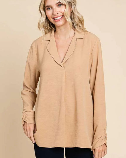 Culture Code Full Size Lapel Collar Ruched Long Sleeve Blouse ICED