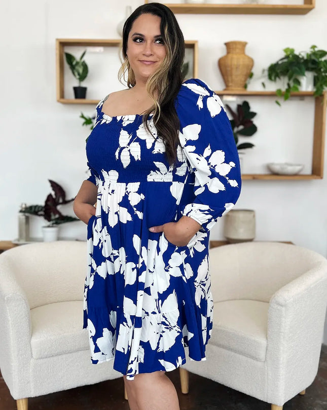 Double Take Full Size Floral Ruffle Hem Smocked Dress with Pockets