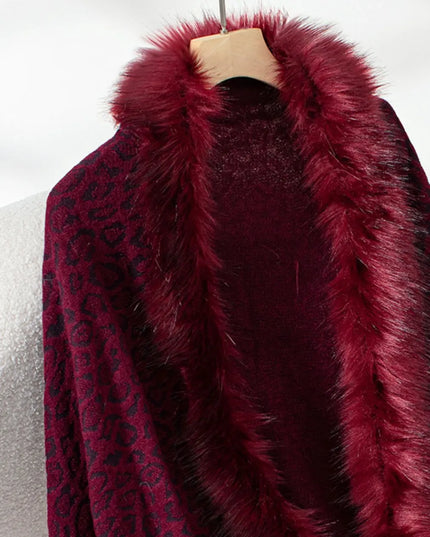 Fringe Leopard Open Front Long Sleeve Poncho