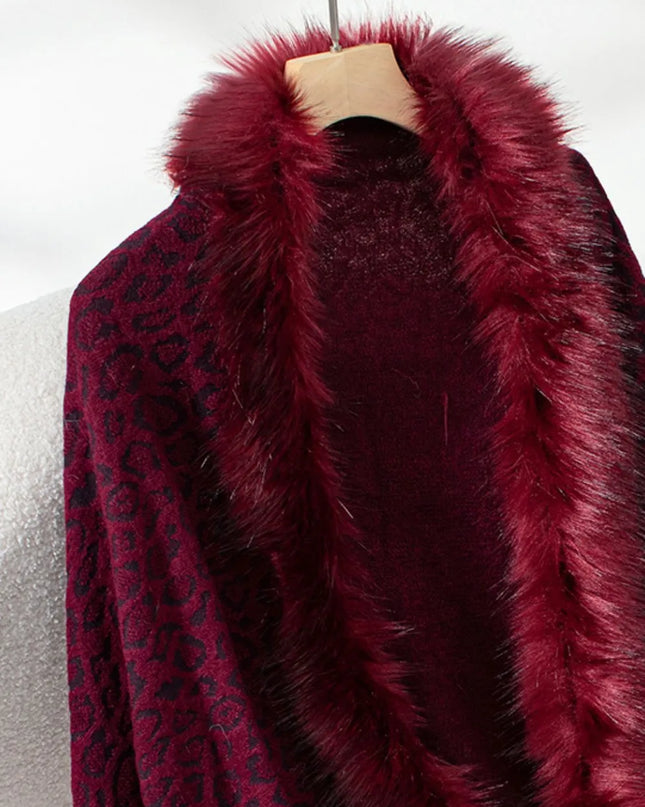 Fringe Leopard Open Front Long Sleeve Poncho