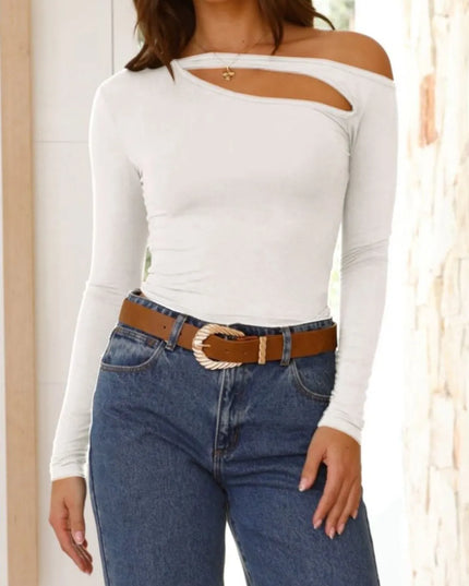 Cutout Asymmetrical Neck Long Sleeve T-Shirt White