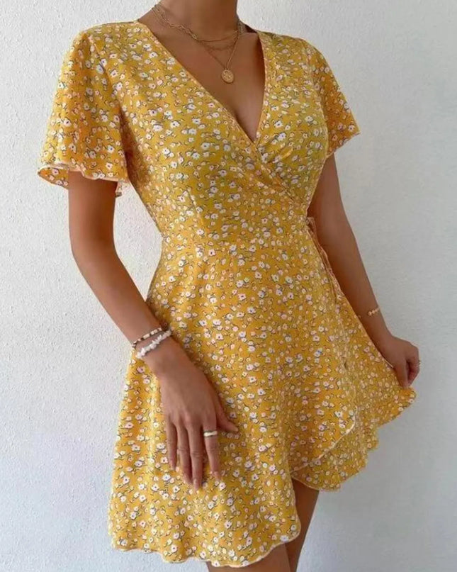 Floral Flutter Sleeve Wrap Mini Dress