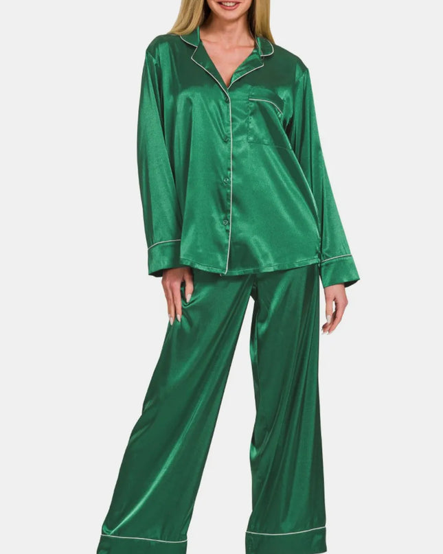 Zenana Satin Long Sleeve Shirt and Pants Pajama Set Hunter Green