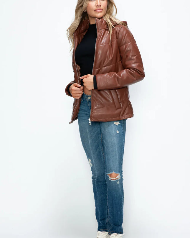 How Dare U Pocketed Zip Up Puffer Jacket with Removable Hood