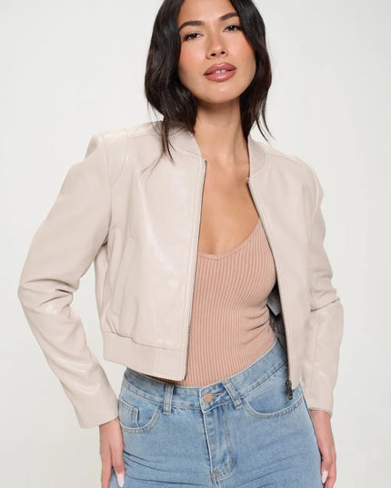 Coalition LA Zip Up Cropped Bomber Jacket Cream